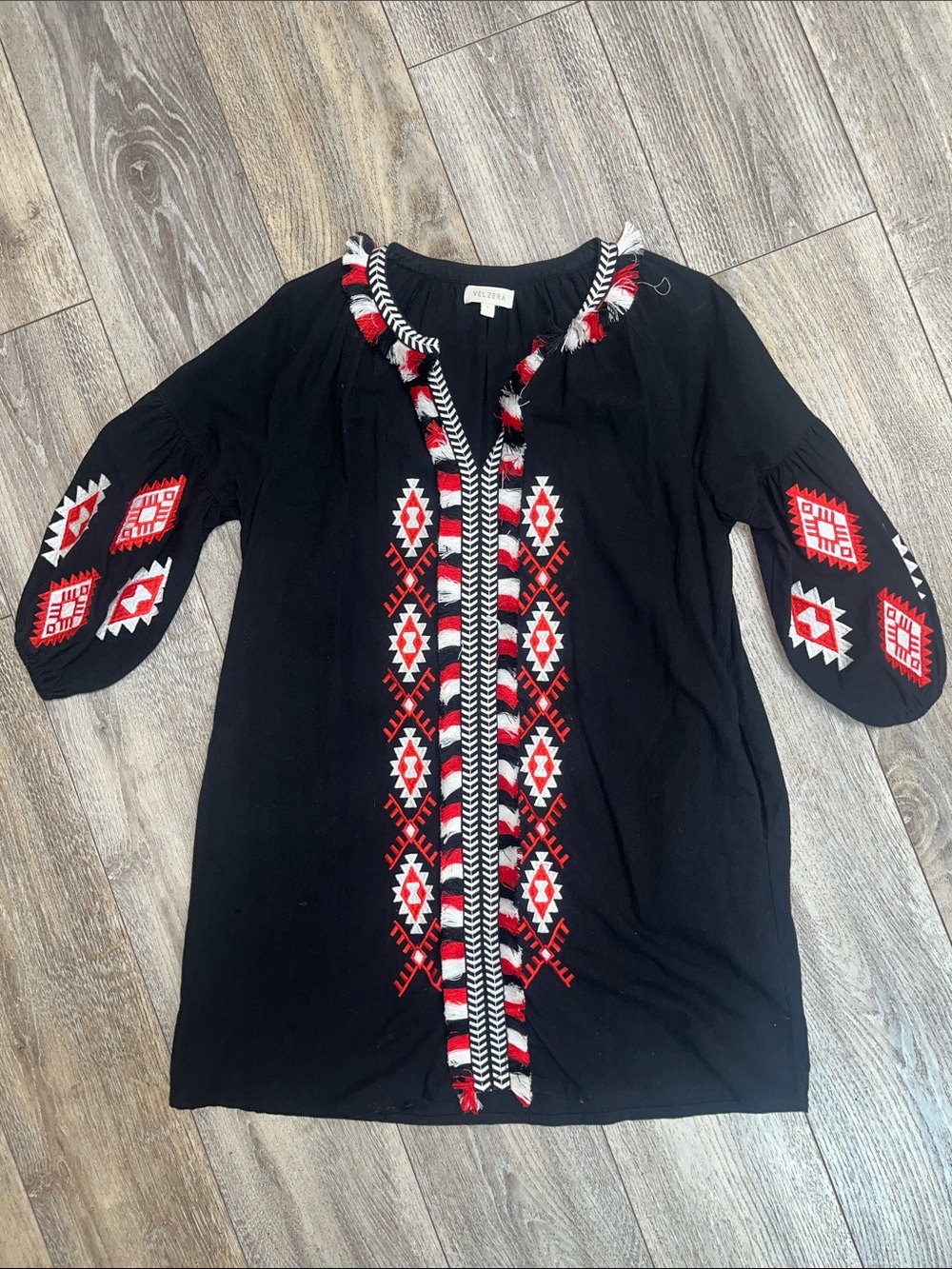 Velzera Black Tunic with Red & White Embroidered Geometric Trim